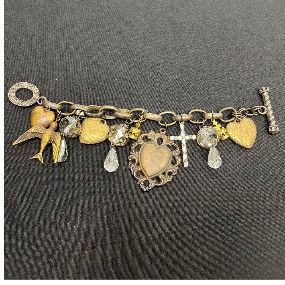 Stella & Dot Vintage Style Charm Bracelet Mixed Metal Heart Bird Cross 8 In